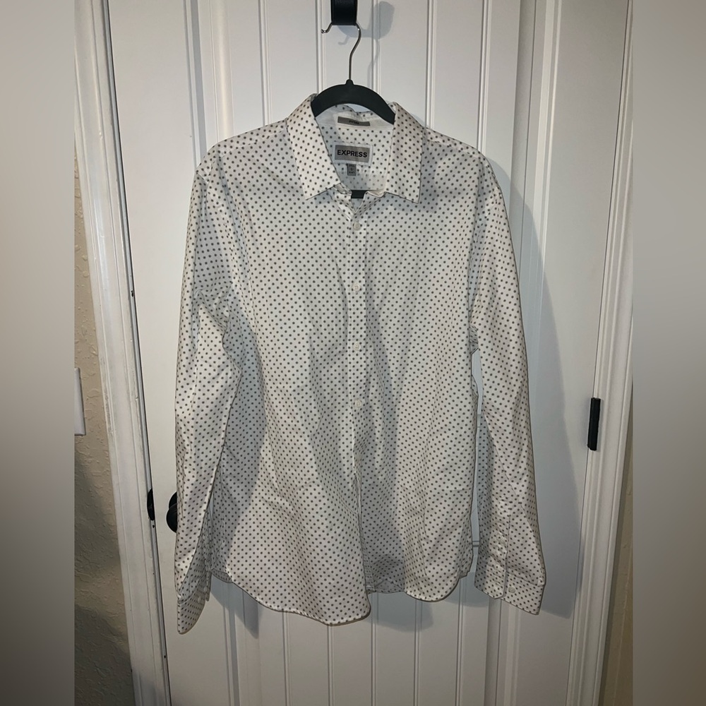 Mens large express slim men’s dress shirt white with black dots